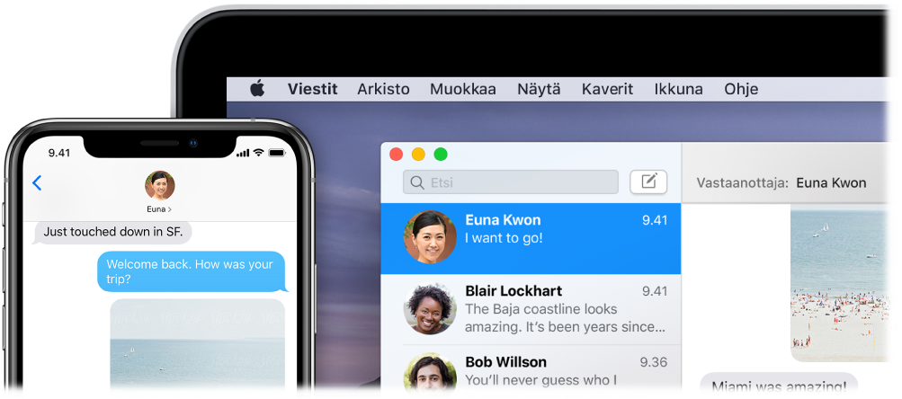 Viestit-appi avoinna Macissa, jossa näkyy sama keskustelu kuin iPhonen Viesteissä.