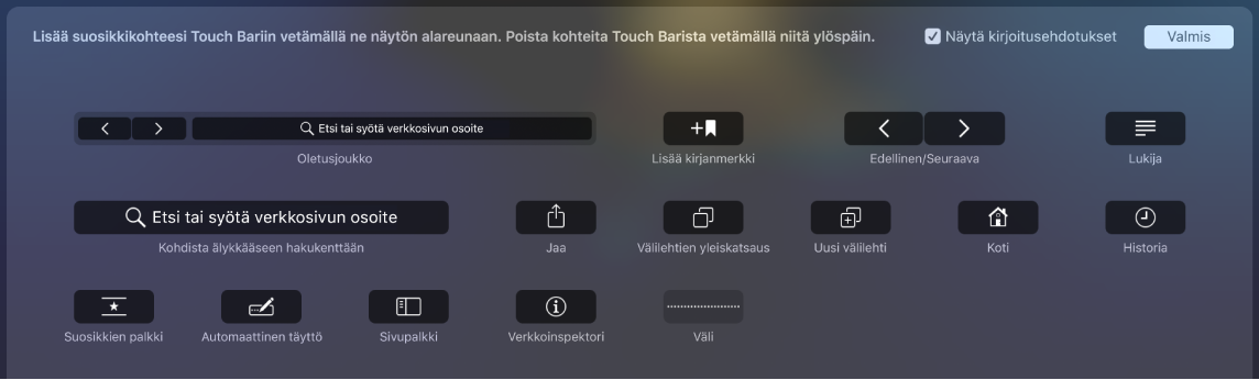 Safarin muokkausvalinnat, joita voidaan vetää Touch Bariin.