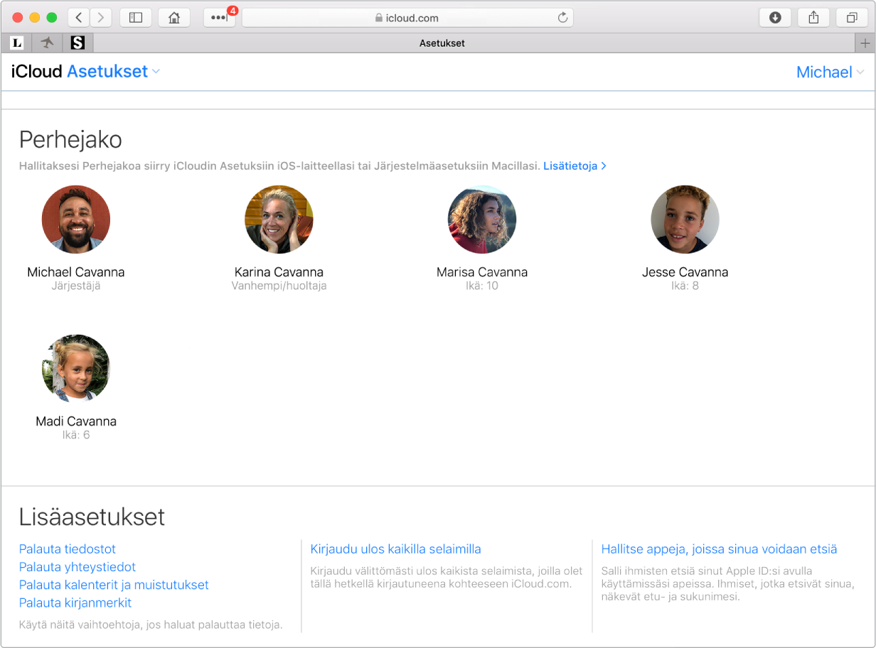 Safari-ikkuna, jossa näkyy Perhejaon asetukset iCloud.comissa.