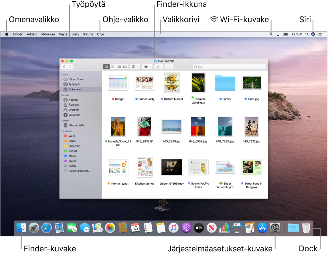 Macin näyttö, jossa näkyy Omenavalikko, työpöytä, Ohje-valikko, Finder-ikkuna, valikkorivi, Wi-Fi-kuvake, Siri-kuvake, Finder-kuvake, Järjestelmäasetukset-kuvake ja Dock.