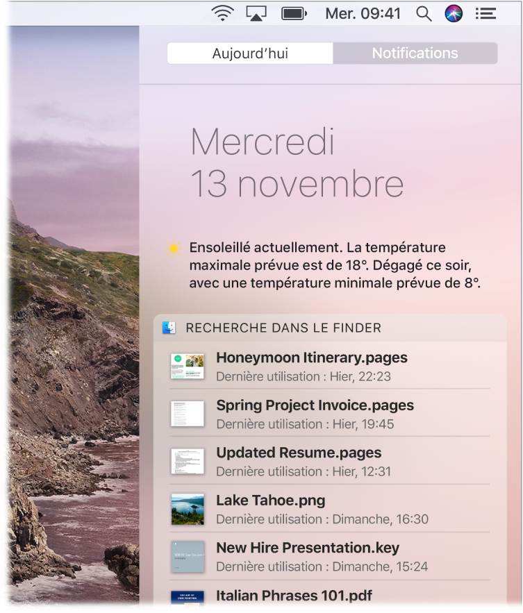 Un écran partiel du bureau affichant le Centre de notifications ouvert avec l’onglet Aujourd’hui sélectionné.