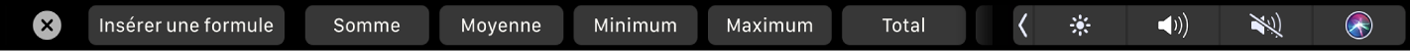 Touch Bar de Numbers affichant les boutons de formule. Cela comprend les options suivantes : Somme, Moyenne, Minimum, Maximum et Compte.
