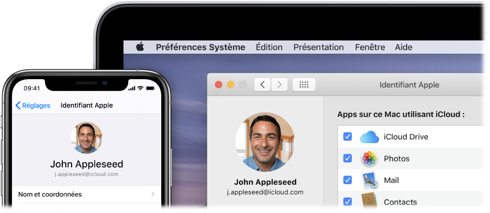Un iPhone affichant les réglages iCloud, et l’écran d’un Mac affichant la fenêtre iCloud.