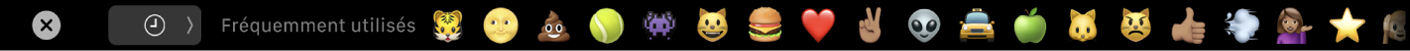 Touch Bar de Messages affichant les options d’Emoji fréquemment utilisées, ainsi que le bouton permettant de sélectionner différentes catégories d’Emoji.