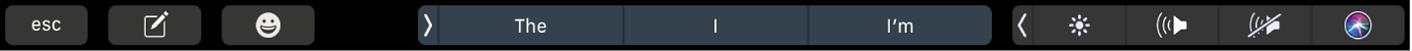 ה‑Touch Bar של ״הודעות״ עם כפתורים לכתיבת הודעה והוספת סמלי אמוג׳י. בנוסף, תוכל/י לראות כפתורים המציגים הצעות הקלדה.