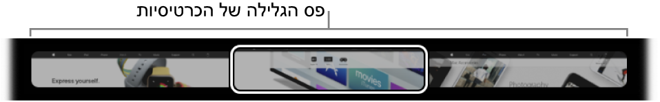 מנקה הכרטיסיות ב‑Touch Bar של Safari. הוא מציג תצוגה מקדימה קטנה של כל אחת מהכרטיסיות הפתוחות.