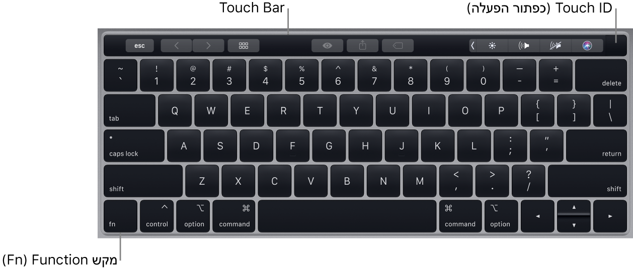 המקלדת של ה‑MacBook Pro מציגה את ה‑Touch Bar, את ה‑Touch ID (כפתור ההפעלה), ואת מקש הפונקציה Fn משמאל למטה.