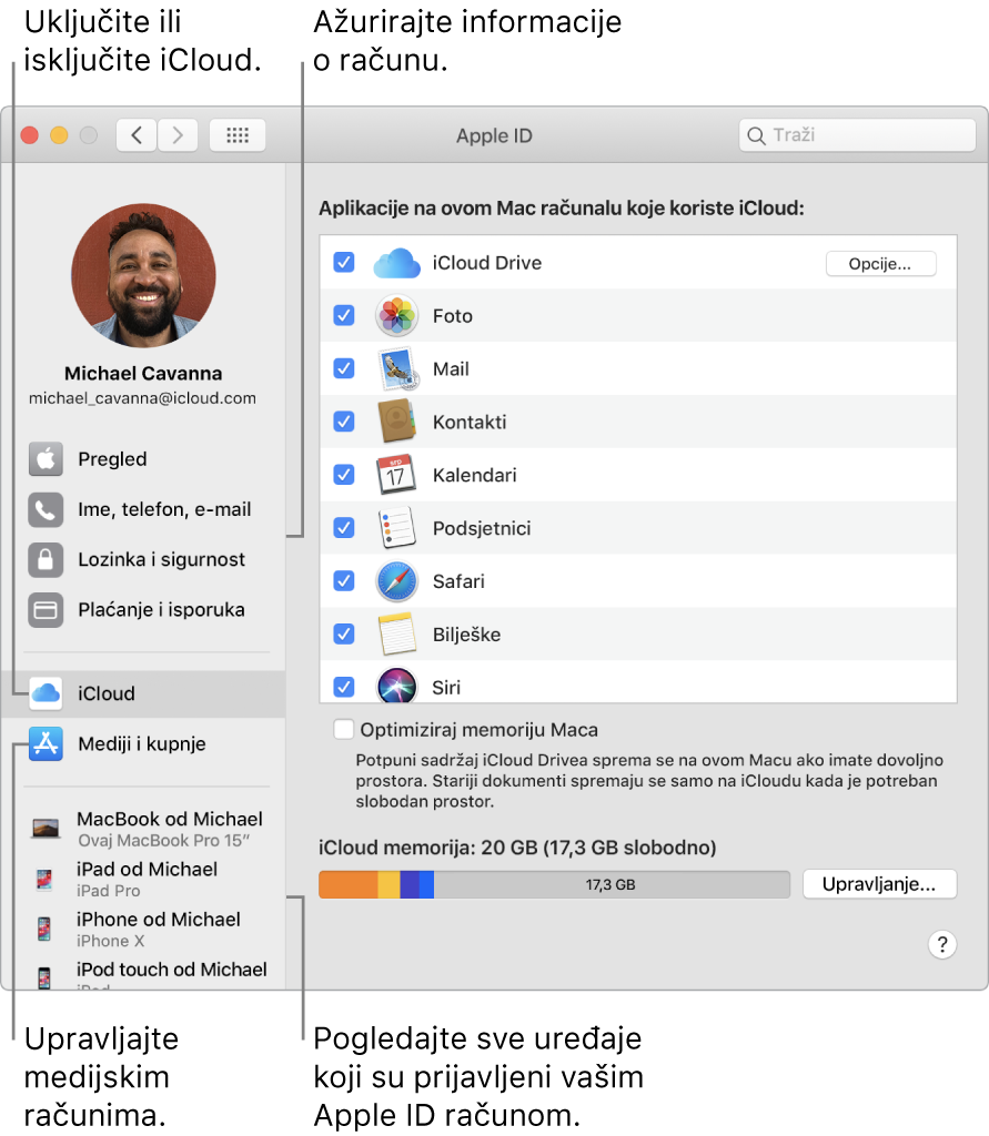 Prozor Apple ID-ja u Postavkama sustava. Kliknite stavku u rubnom stupcu za ažuriranje podataka o računu, uključite ili isključite iCloud, upravljajte medijskim računima i pregledajte sve uređaje na koje ste prijavljeni koristeći svoj Apple ID.