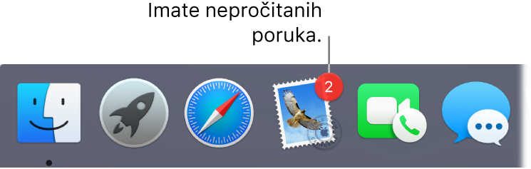 Odjeljak Docka koji prikazuje ikonu aplikacije Mail s oznakom koja upućuje na nepročitane poruke.