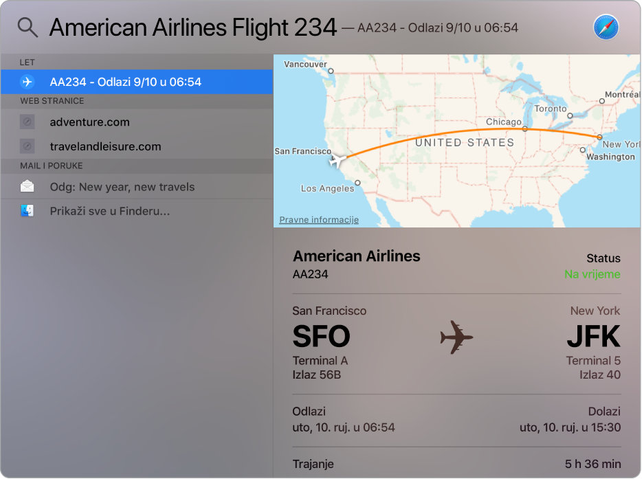 Prozor aplikacije Spotlight prikazuje kartu i informacije o letu koje ste tražili.