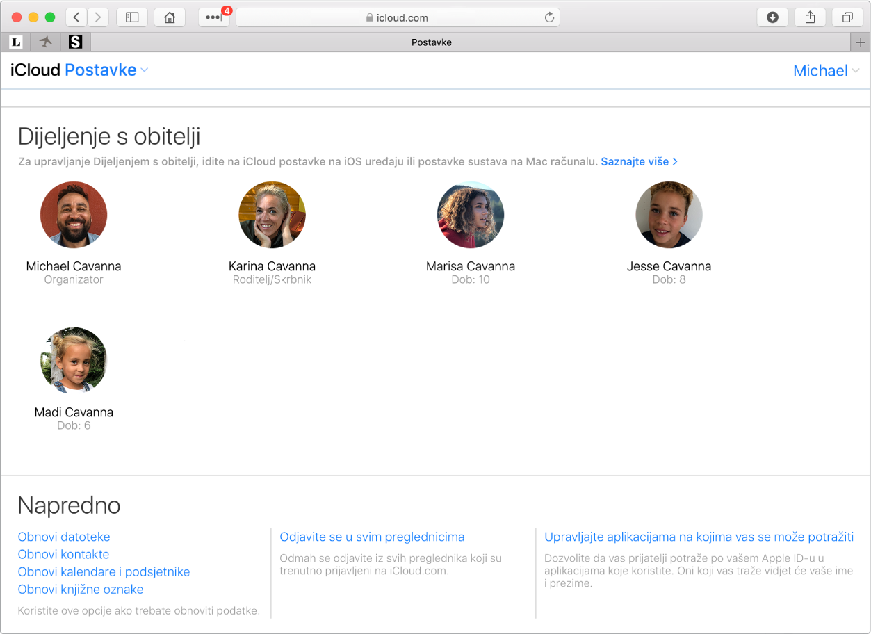 Prozor aplikacije Safari prikazuje postavke Dijeljenje s obitelji na iCloud.com.