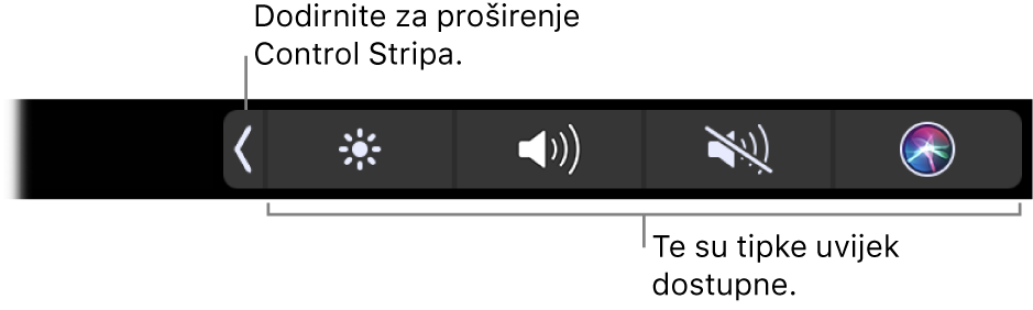 Djelomičan zaslon sažetog Touch Bara prikazuje sažeti Control Strip. Dodirnite tipku za proširenje kako bi se prikazao cijeli Control Strip.
