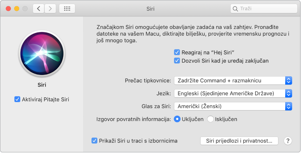 Prozor s postavkama za Siri s odabranom opcijom Aktiviraj Pitajte Siri slijeva i nekoliko opcija za podešavanje Siri zdesna, uključujući “Reagiraj na frazu ‘Hey Siri’.”