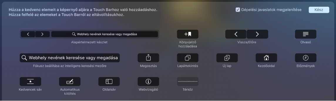 A Safari testreszabása rész Touch Barra húzható elemei.