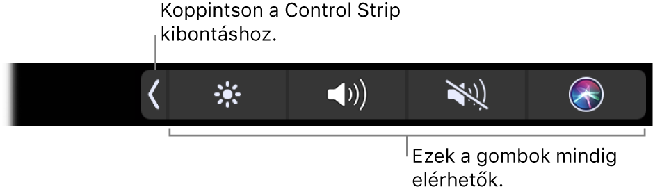 Az alapértelmezett Touch Bar egy részlete, amelyen látható a visszazárt Control Strip. A kibontás gombra koppintva megjelenítheti a teljes Control Stripet.