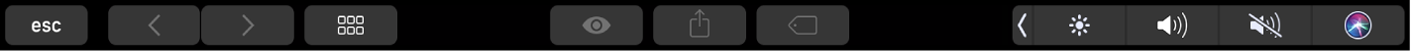 Touch Bar Finder dengan tombol untuk mengubah tampilan, mempratinjau, membagikan, dan menambahkan label.