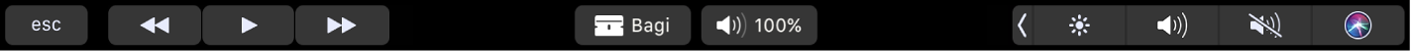 Touch Bar iMovie saat klip sedang diputar. Terdapat tombol untuk putar balik, putar, percepat maju, bagi, dan volume.