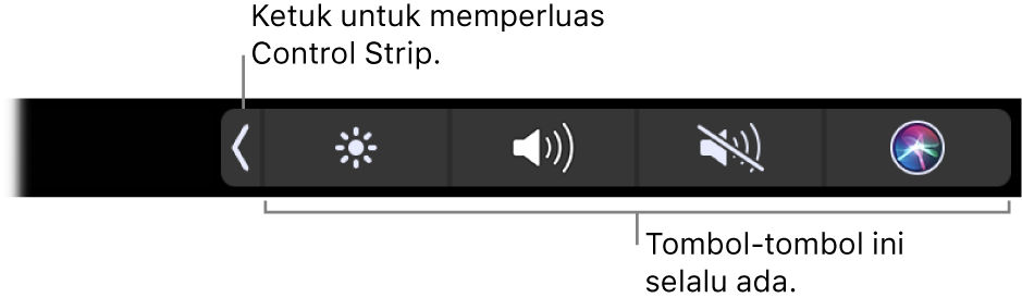 Sebagian layar Touch Bar default, menampilkan Control Strip yang diringkas. Ketuk tombol perluas untuk menampilkan Control Strip penuh.