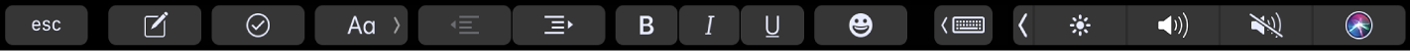 La Touch Bar di Note con i pulsanti per la formattazione del testo. Tra i controlli di formattazione sono inclusi: allineamento a destra e a sinistra, grassetto, corsivo e sottolineato. È presente anche un pulsante per mostrare i suggerimenti di scrittura.