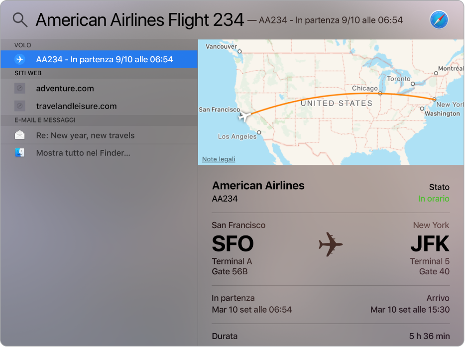 La finestra di Spotlight che mostra una mappa e le informazioni sul volo che hai cercato.