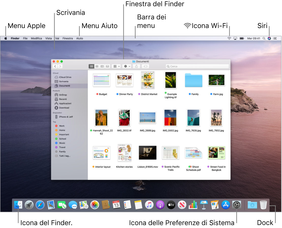 Schermata del Mac con il menu Apple, la Scrivania, il menu Aiuto, una finestra del Finder, la barra dei menu, l'icona del Wi-Fi, l'icona di “Chiedi a Siri”, l'icona del Finder, l'icona di Preferenze di Sistema e il Dock.