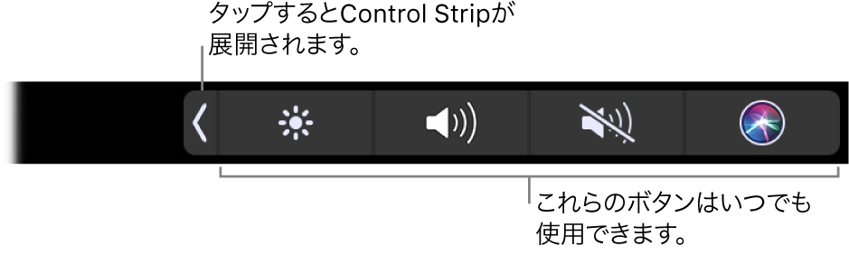 デフォルトのTouch Barの画面の一部。しまわれたControl Stripが表示されています。展開ボタンをタップすると、Control Strip全体が表示されます。