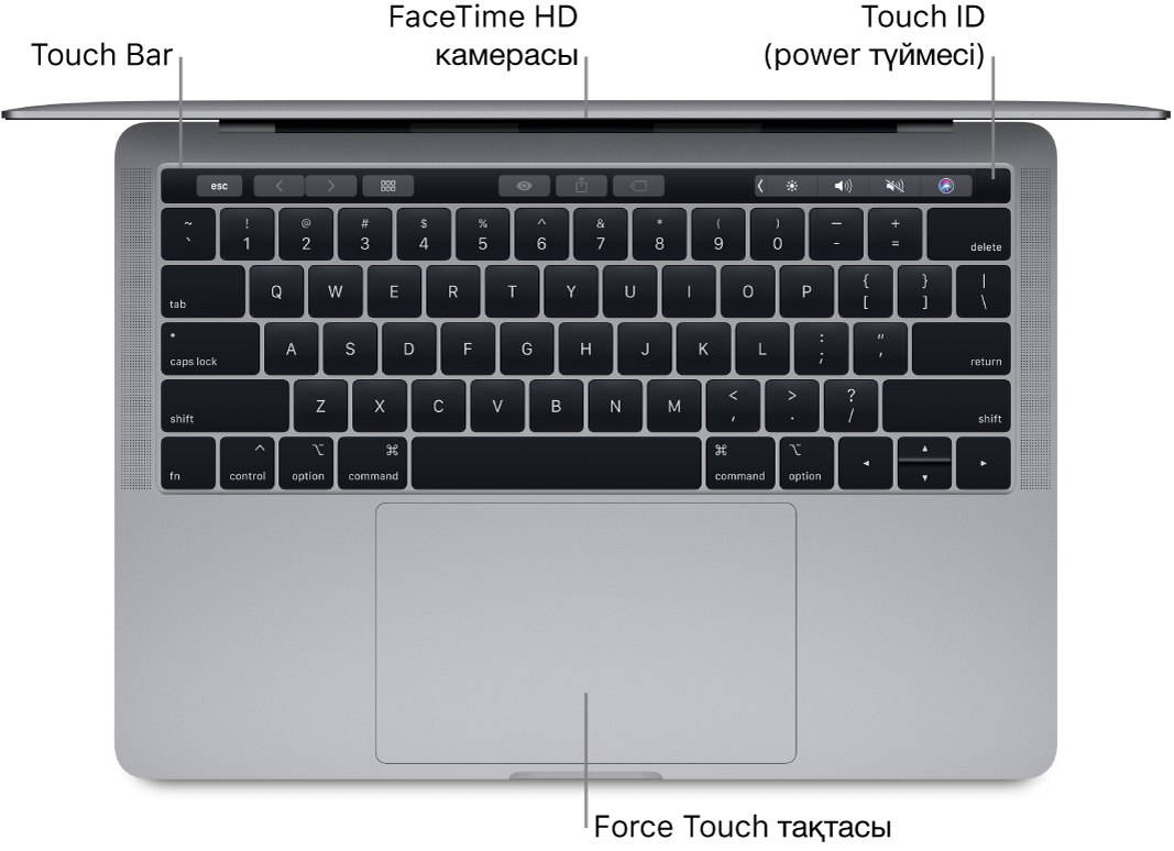 Touch Bar құралына, FaceTime HD камерасына, Touch ID құралына (қуат түймесі) және Force Touch тақтасына тілше деректері бар ашық MacBook Pro компьютерінің төменгі көрінісі.