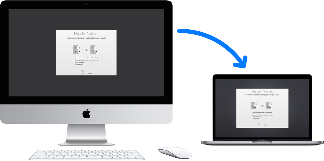 Migration Assistant экраны ашық тұрған жаңа MacBook Pro компьютеріне қосылған Migration Assistant экранын көрсетіп тұрған ескі iMac.