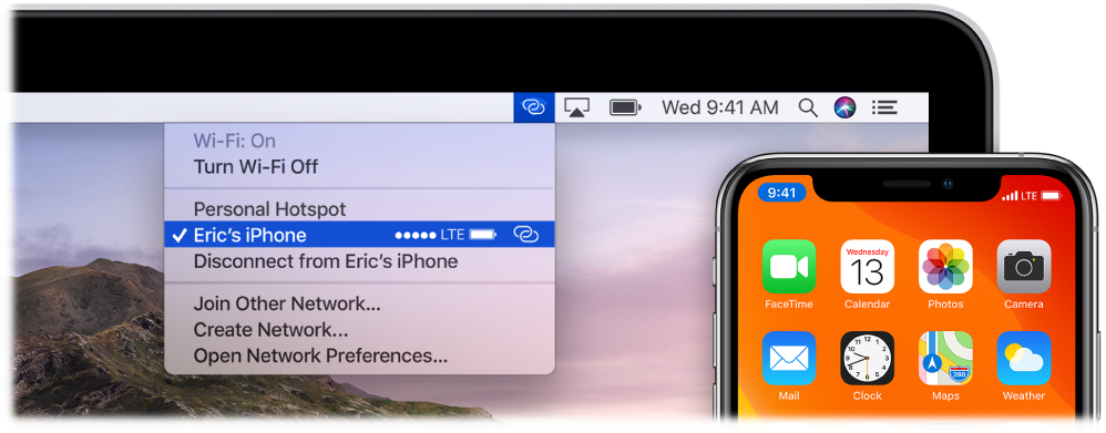 iPhone құрылғысына қосылған Personal Hotspot құралын көрсетіп тұрған Wi-Fi мәзірі бар Mac экраны.