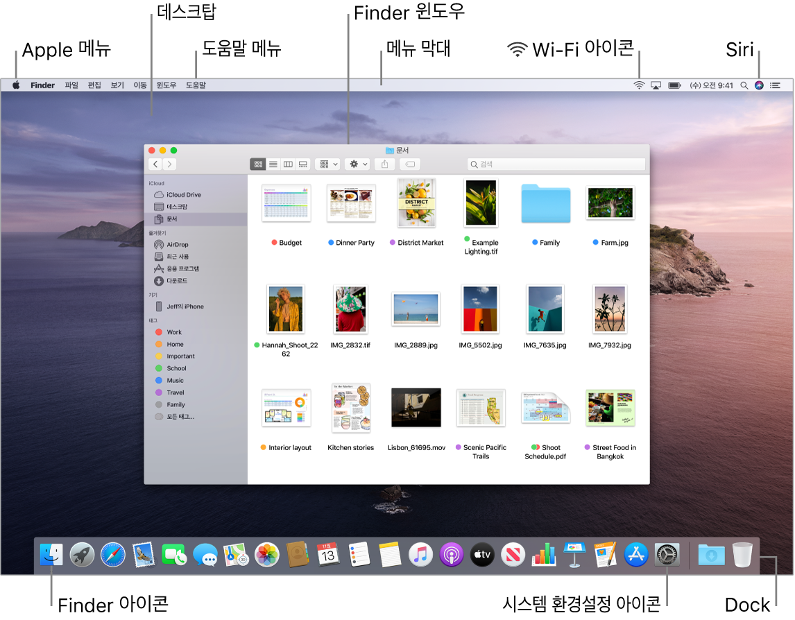 Apple 메뉴, 데스크탑, 도움말 메뉴, Finder 윈도우, 메뉴 막대, Wi-Fi 아이콘, Siri 요청 아이콘, Finder 아이콘, 시스템 환경설정 아이콘 및 Dock이 있는 Mac 화면.