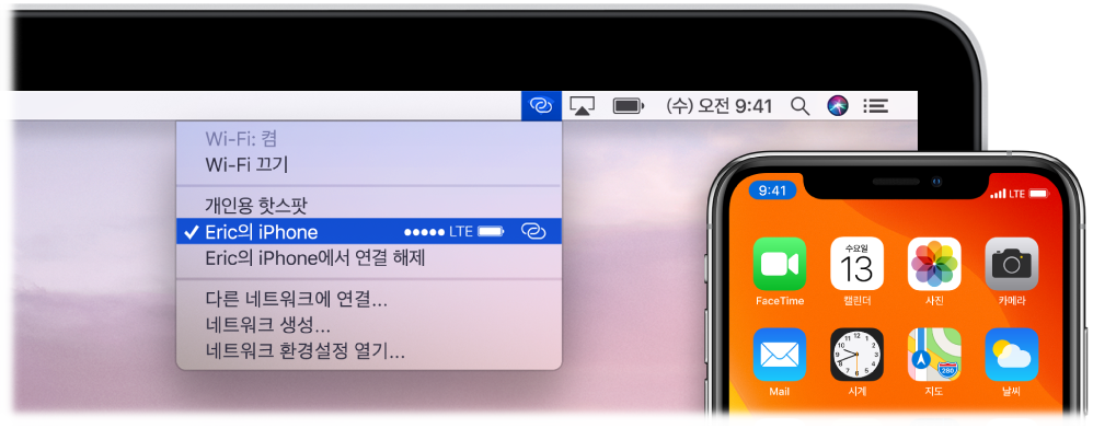 iPhone에 연결된 개인용 핫스팟을 표시하는 Wi-Fi 메뉴가 있는 Mac 화면.