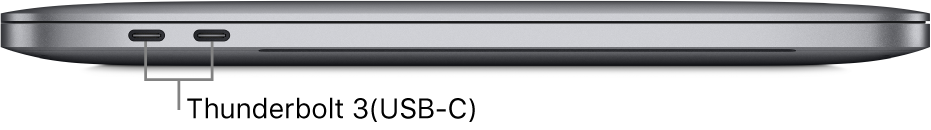 Thunderbolt 3(USB-C) 포트에 대한 설명이 있는 MacBook Pro의 왼쪽 부분.