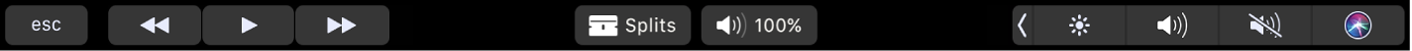 De Touch Bar voor iMovie wanneer er een fragment wordt afgespeeld. Er zijn knoppen voor terugspoelen, afspelen, vooruitspoelen en splitsen en voor het volume.