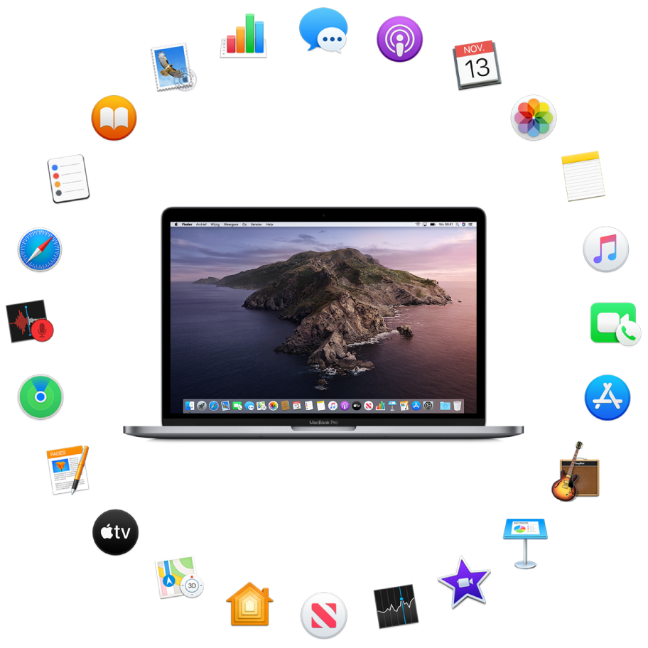 Een MacBook Pro omringd door symbolen voor de apps die standaard worden meegeleverd en die hierna worden beschreven.