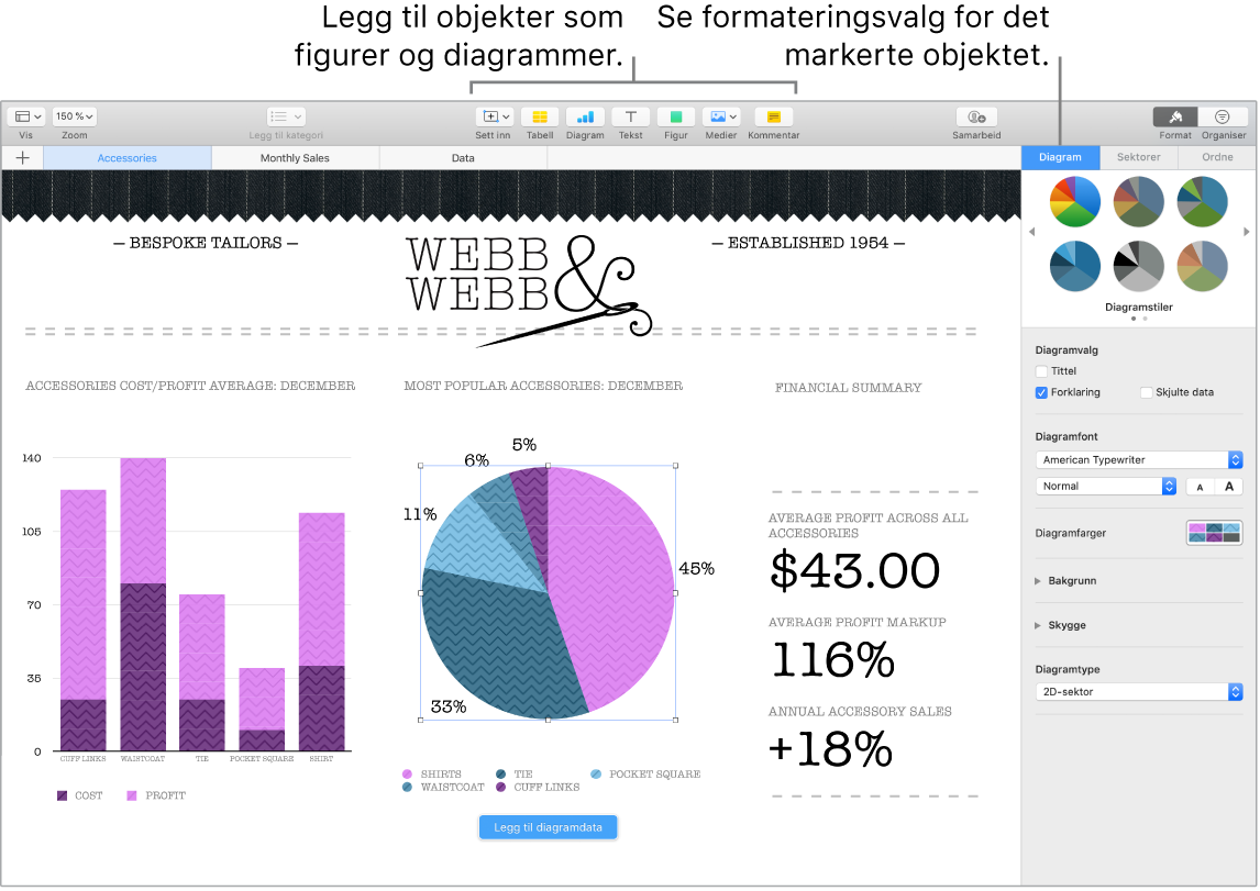 Et Numbers-vindu med bildeforklaringer til kategoriene med objekter som kan legges til, og til formateringsvalg for objektene.