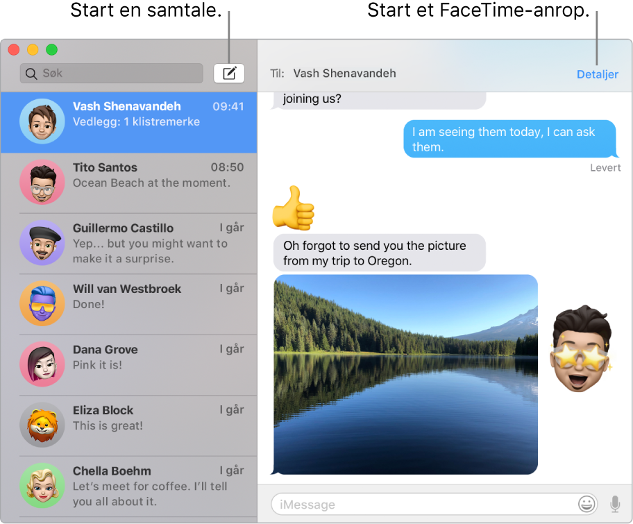 Et Meldinger-vindu som viser hvordan du starter en samtale og hvordan du starter et FaceTime-anrop.