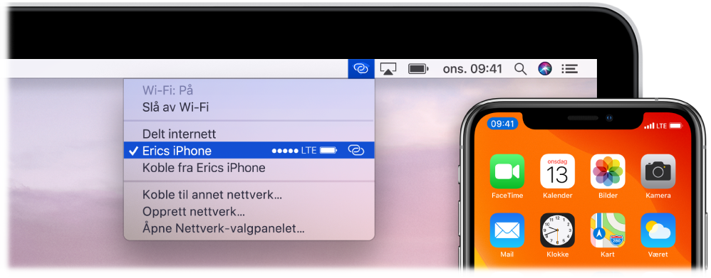 En Mac-skjerm som viser menyen for trådløst nettverk som vises som et Delt Internett-tilgangspunkt koblet til en iPhone.