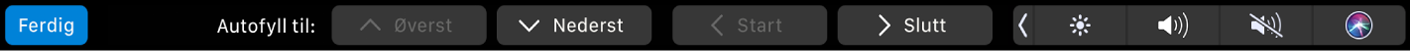 Touch Bar for Numbers med autofyllknapper. Noen av knappene som vises, er øverst, nederst, start og slutt.