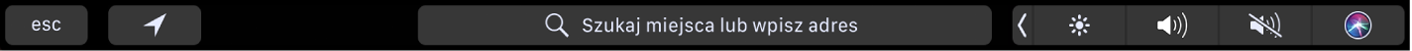 Pasek Touch Bar aplikacji Mapy zawierający przyciski bieżącego położenia oraz trasy. Widoczny jest również pasek wyszukiwania.