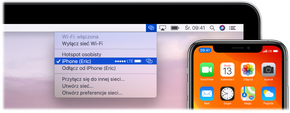 Ekran Maca z menu Wi‑Fi informującym o nawiązanym połączeniu z hotspotem osobistym na iPhonie.