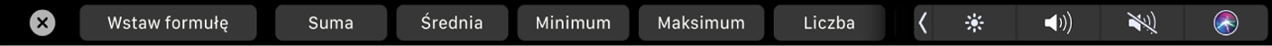 Pasek Touch Bar w Numbers zawierający przyciski formuł. Pozwalają one wstawiać formuły sumy, średniej, minimum, maksimum i liczby wartości.