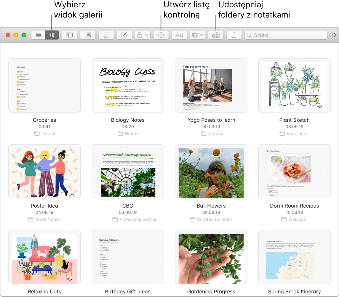 Okno aplikacji Notatki zawierające przycisk widoku galerii, przyciski listy kontrolnej oraz przycisk udostępniania folderu.