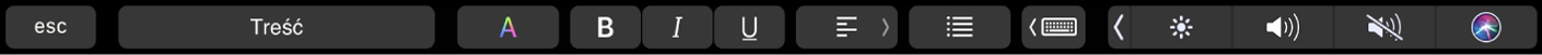 Pasek Touch Bar aplikacji Pages zawierający przyciski edycji stylów akapitu, koloru i formatowania tekstu oraz wyrównania tekstu. Widoczny jest także przycisk sugestii pisania.