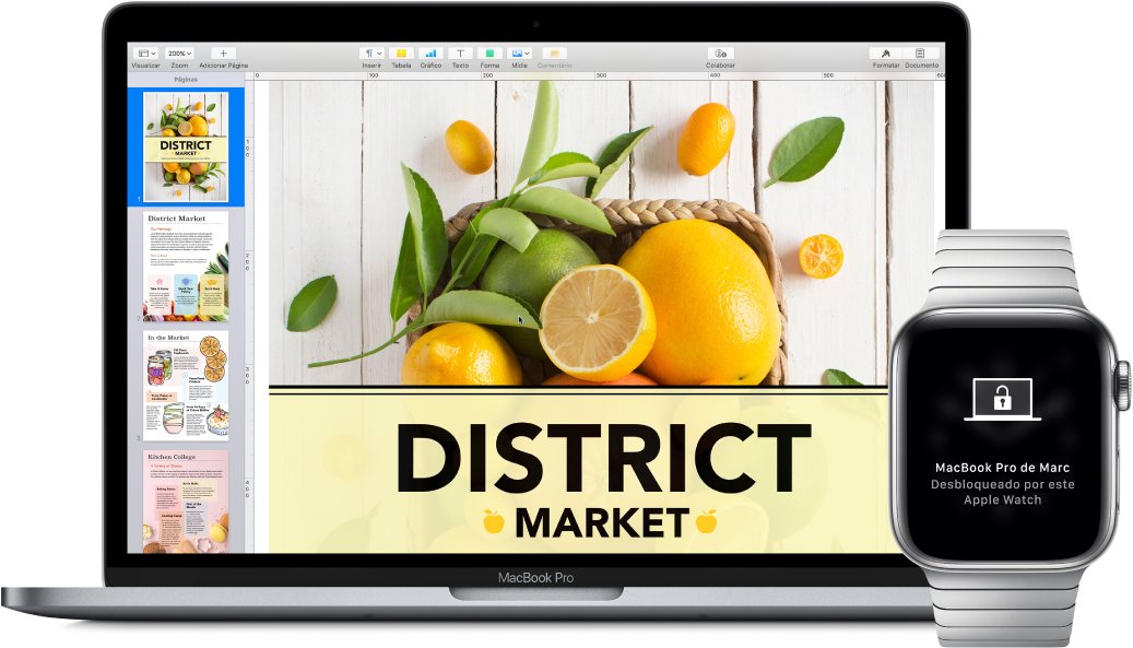 Um MacBook Pro, próximo a um Apple Watch mostrando uma mensagem de que o Mac foi desbloqueado pelo relógio.