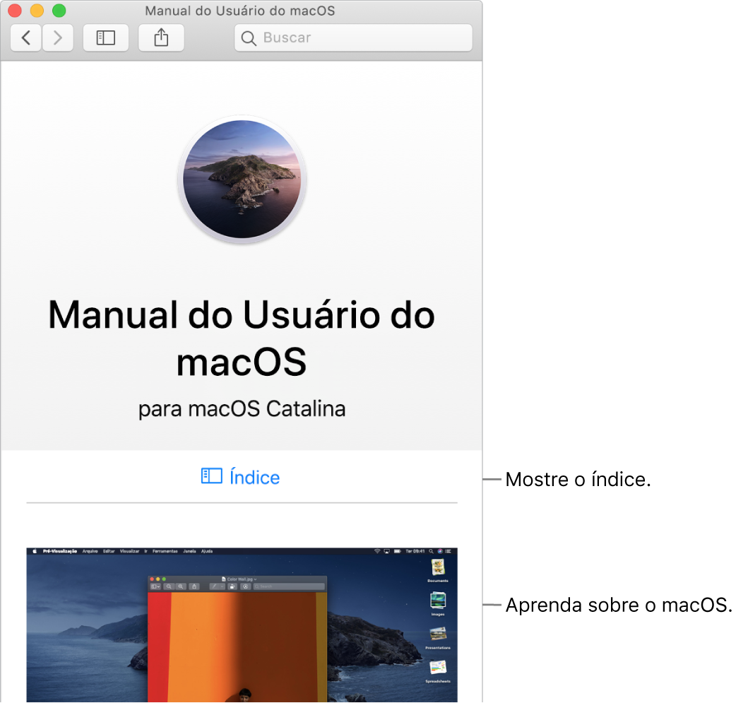 Página de boas-vindas do Manual do Usuário do macOS mostrando o link Índice.