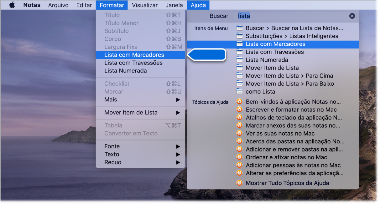 O menu Ajuda, mostrando uma busca por “lista” com o comando Lista com Marcadores em destaque na lista de resultados e no menu Formatar.