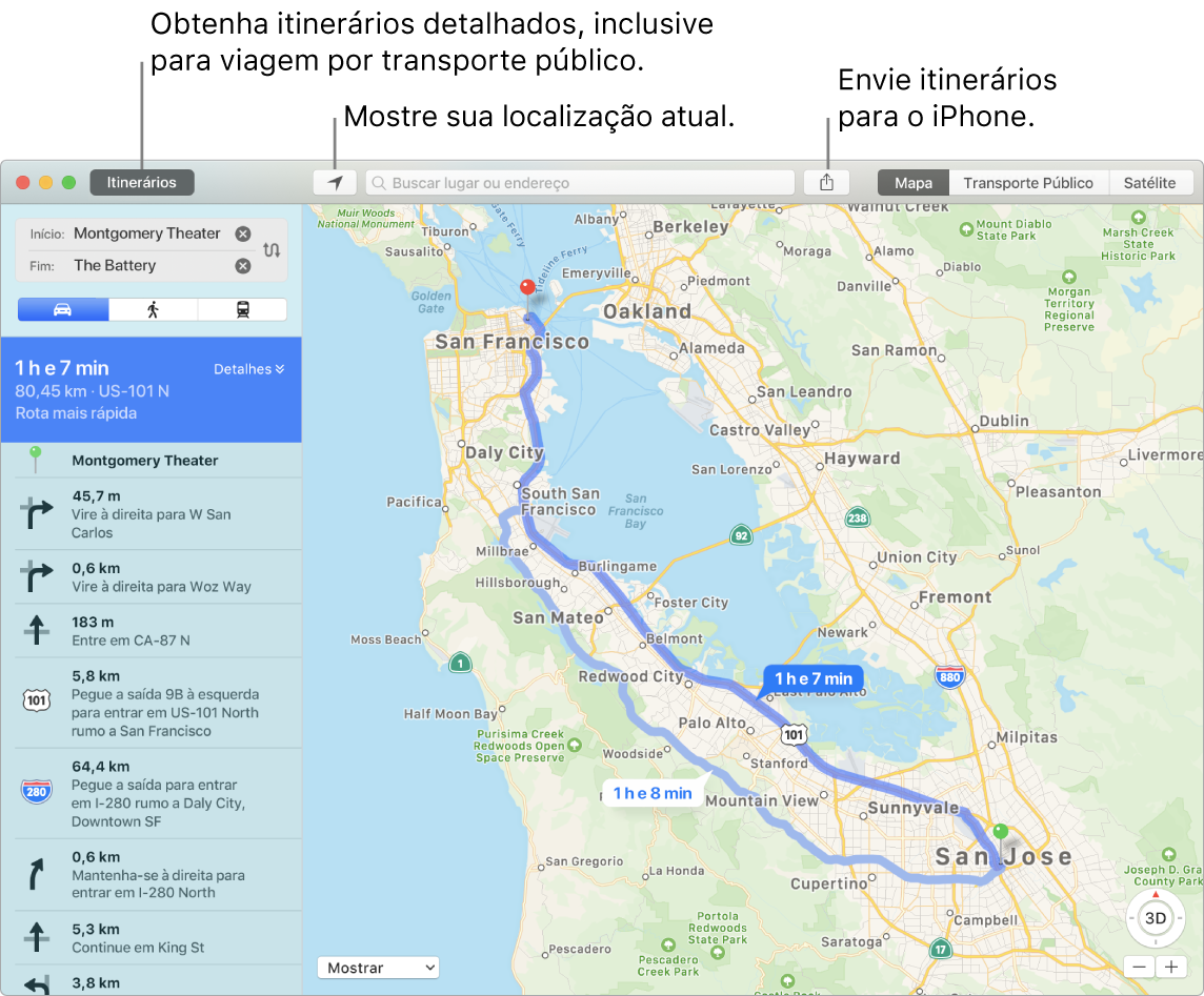Uma janela do app Mapas mostrando como clicar em Itinerários na parte superior esquerda para obter itinerários e como enviar itinerários para o iPhone usando o botão Compartilhar.