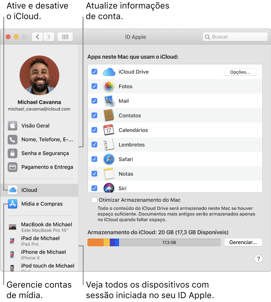 O painel ID Apple nas Preferências do Sistema. Clique em um item na barra lateral para atualizar suas informações de conta, ativar ou desativar o iCloud, gerenciar contas de mídia e ver todos os dispositivos com uma sessão iniciada com o seu ID Apple.