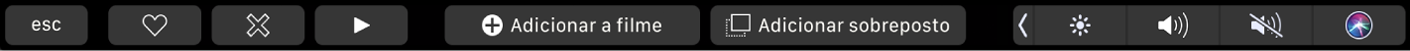 A Touch Bar do iMovie a mostrar os botões para marcar como favorito, apagar, reproduzir, adicionar ao filme e adicionar como sobreposição.