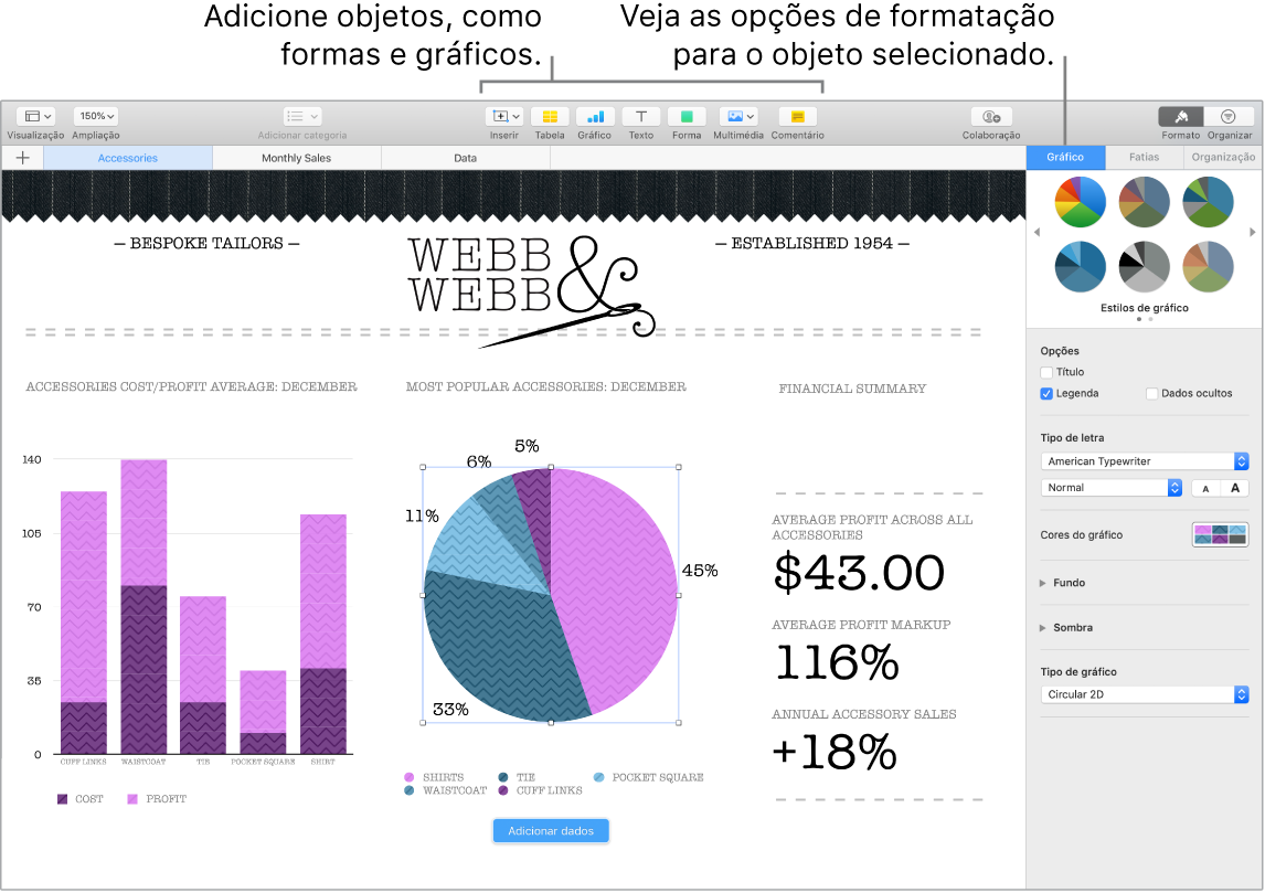 Uma janela do Numbers com chamadas para as categorias de objetos que podem ser adicionados e para as opções de formatação dos objetos.